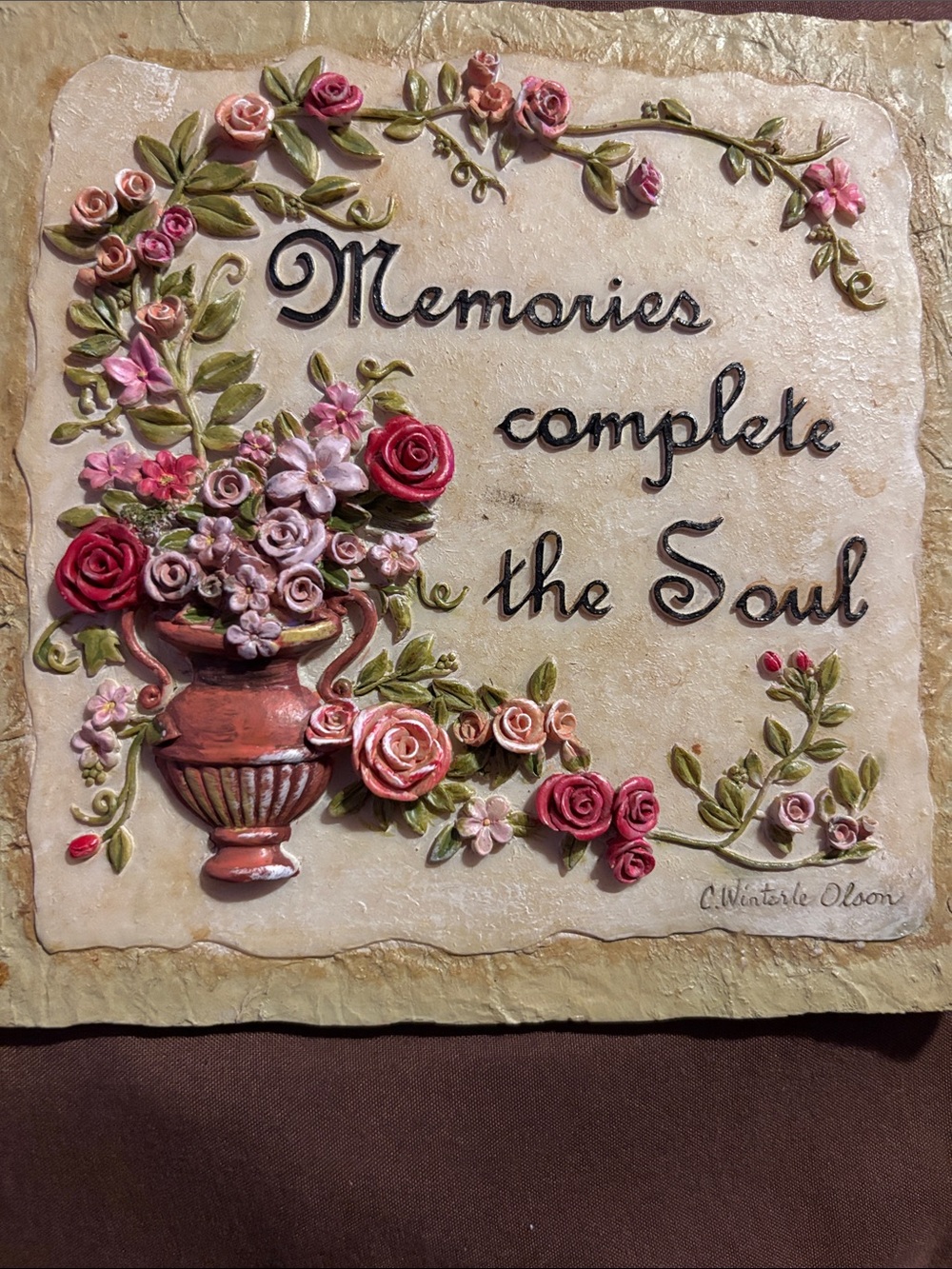 Floral Wall Plaque "Memories Complete the Soul" in Pink and Green